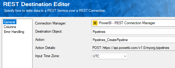 Power BI REST Destination with Create Pipeline action chosen